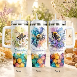 Bee Happy 40oz Tumbler with Handle, Cute Bee Art Double Wall Vacuum Insulated Stainless Steel Travel Mug with Straw