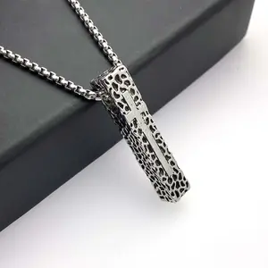 retro titanium steel stone pattern rectangular cross, personalized simple pendant, stainless steel necklace