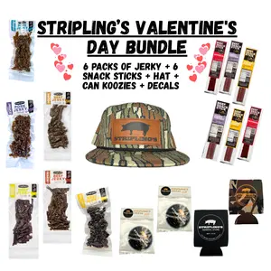 Stripling's Holiday Gift Bundle - Camo Five Panel with Patch Hat - Hickory/Peppered/Jalapeno\Honey BBQ Beef Jerky & Chipotle Teriyaki Pork Jerky - Family Owned Premium Snack Packs - Made in the USA - 8-