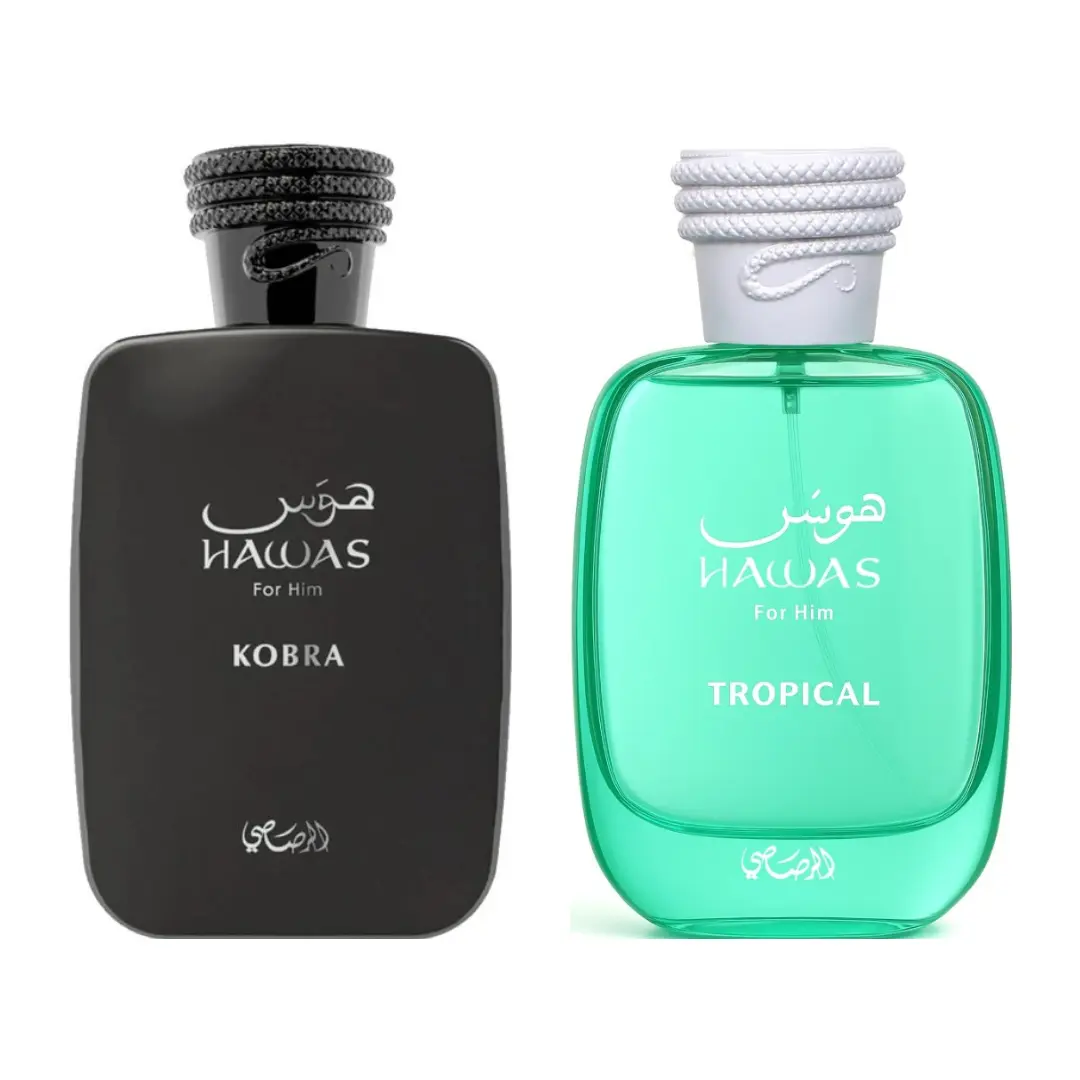 Rasasi Men's Hawas Kobra & Hawas Tropical 2-Piece Fragrance Bundle - Alternate Layers, Bold Contrast, Long-Lasting Men's Fragrances Including Fruit-Flavored, Citrus, Minty Varieties, Men's Fragrance