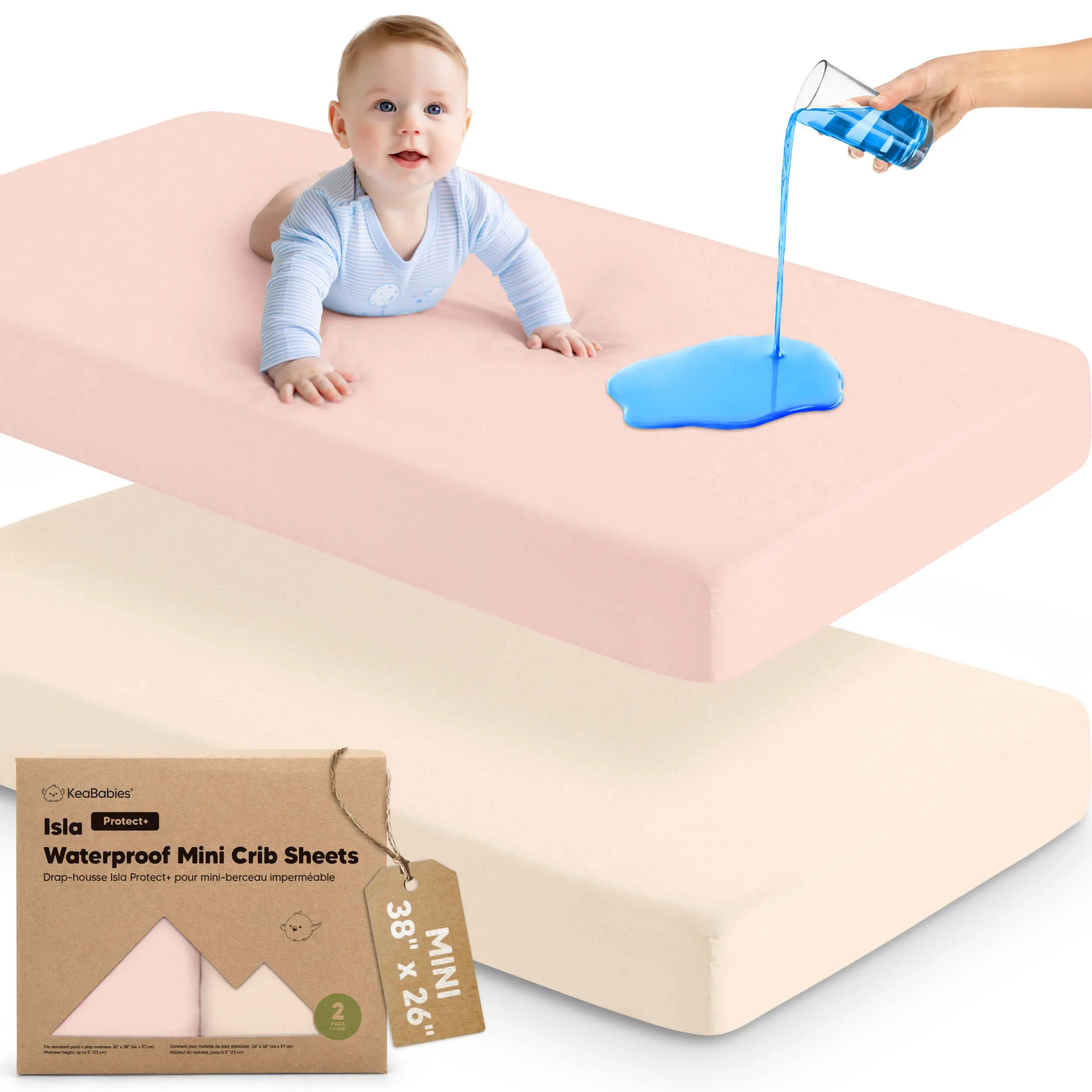 2-Pack Waterproof Pack and Play Sheets, Mini Crib Sheets Fitted for Boy, Girl - 38 x 26 Viscose from Bamboo Pack N Play Mattress Sheets for Graco, Toddler Playard Baby Crib Sheets Neutral