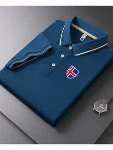 Men's Casual Summer Print T-Shirt, Iceland Flag Design, Geometric Pattern, Lightweight Breathable Polo Shirt, Short Sleeve Top