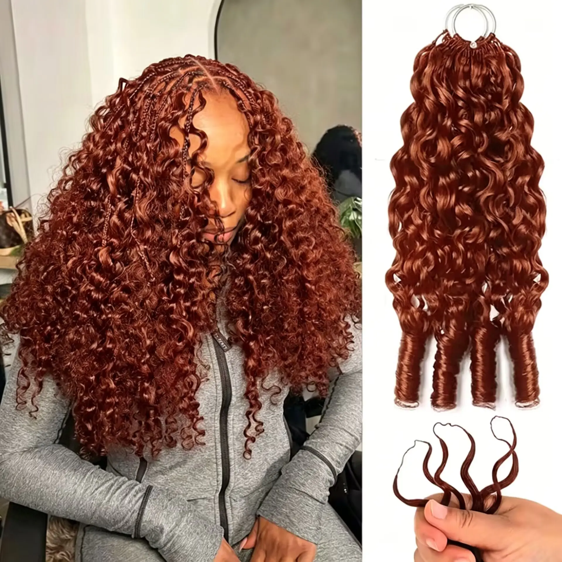 【New Color】#33 Reddish Brown Burmese Curly Crochet Human Hair for Boho Braids Plush Texture Miracle Knots Pre-Separated 50g/Pack (32-38 Strands Per Pack) Time-Saving Wear Vacation Hair