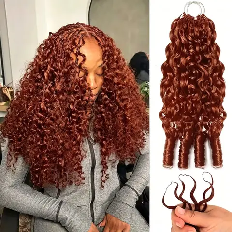 【New Color】#33 Reddish Brown Burmese Curly Crochet Human Hair for Boho Braids Plush Texture Miracle Knots Pre-Separated 50g/Pack (32-38 Strands Per Pack) Time-Saving Wear Vacation Hair