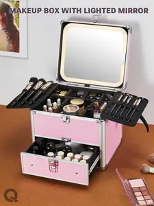 LED Makeup Box with Drawer, Makeup Case with A Detachable Lighted Mirror, Cosmetic Organizer & Makeup Storage Box with Adjustable Dividers