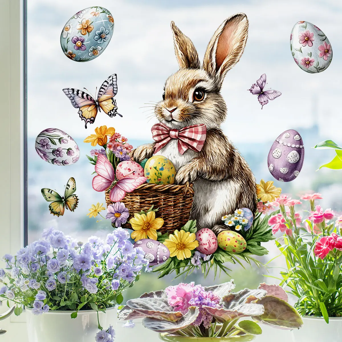 A Window sticker of Easter bunny, Easter eggs, basket and flowers - static glass sticker, window glass decoration sticker, holiday decoration DJ4103-ZC