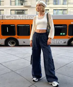 Bakyarder Women Y2K Cargo Pants, Wide Leg Baggy Pants,Lightweight Hip Hop Pants Streetwear with Drawstring Casual