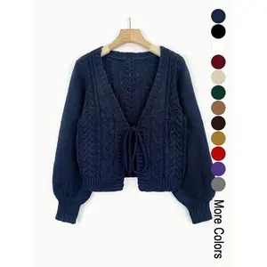 Women’s solid blue drop-shoulder tie-front cardigan, basic minimalist fashion casual long-sleeve V-neck knitwear for fall and winter, women’s knitted tops, everyday outdoor wear, womenswear