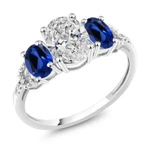 10K White Gold White IGI Certified Lab Grown Diamond and Blue Created Sapphire 3-Stone Engagement Ring For Women | 2.76 Cttw | Center 1.5 Ct Diamond | E-F Color VS1-VS2 Clarity