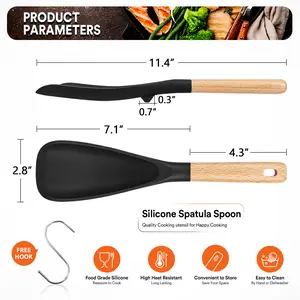 Spoon for Nonstick Cookwares, Great for Cooking and Serving Durable Matte Silicone, Wood Handle Spoon for Mixing, Scoop, and Scrape