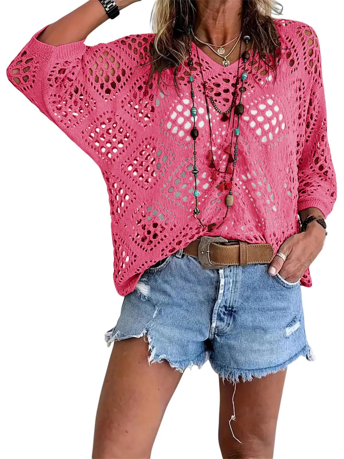 Women's Bohemian-Inspired Beige Crochet Top with V-Neck Casual Chic