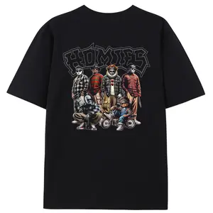 Homies Horror Movie Villains T-Shirt | Chicano Lowrider Freddy Jason Chucky Graphic Tee | HorrorTok Halloween Spooky Season Streetwear Top | Unisex Mens Womens Cotton Crewneck Short Sleeve Black Tee For Horror Movie Fans