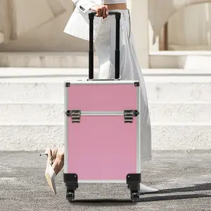 CNCEST Rolling Makeup Train Case with Wheels, 4-Tier Aluminum Alloy Cosmetic Storage Organizer, Pink, Lockable with Foam Compartments
