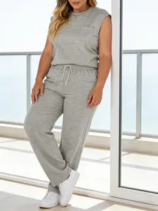 Plus Size Casual Sleeveless Set, Simple Vest + Drawstring Wide Leg Pants, Loose Fit Comfortable, Home Commute Style, Womenswear