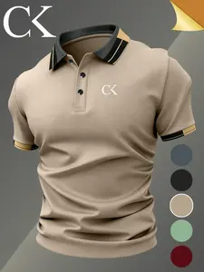Hh4329 Classic Ck Logo Print Men's Polo Shirt, Elastic Casual Breathable Four-Season Comfortable Durable High-End Polo Top