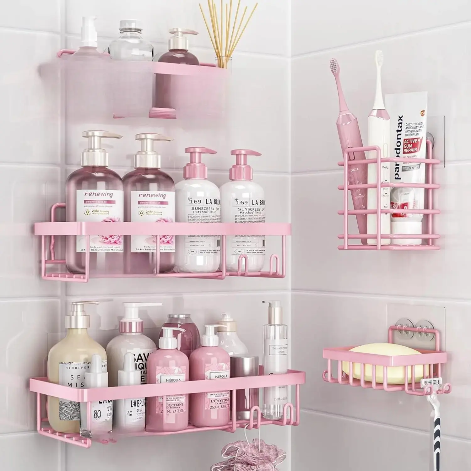 5 Pack Shower Caddy Organizer Rack Shelf for Inside Shower, Adhesive Bathroom Wall Storage Basket Rustproof Stainless Steel Shampoo Holder, Girly Bathroom Accessory Decor Set, Pink