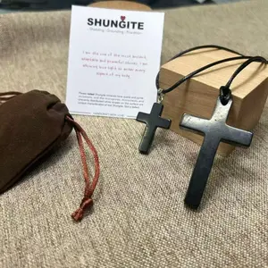 A Set of Shungite Cross Necklace Made of Raw Stone, Hand-Cut And Carved, Featuring a Casual And Stylish Unisex Faux Leather Cord, Perfect for Gifting During Christmas, Thanksgiving, Valentine'S Day, Ramadan, Mother'S Day, Father'S Day, Teacher'S Day, Gra