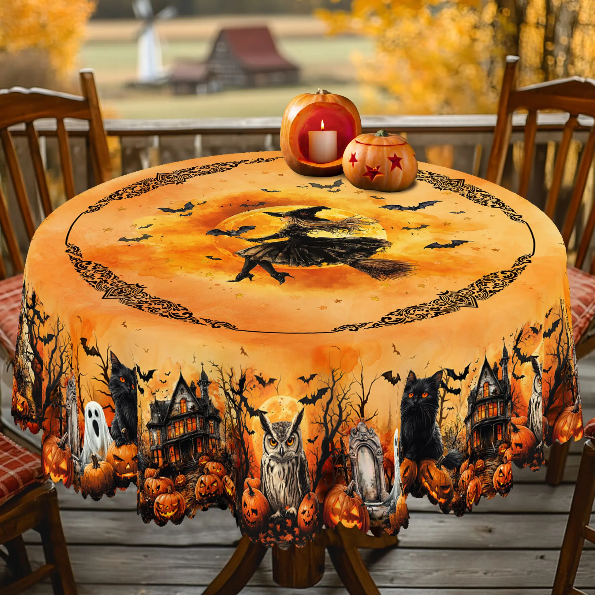 PLUMLIK Halloween Tablecloth with Cute Black Cat Pumpkin Witch Patterns, Halloween Decor 2025, Day Of The Dead Round & Rectangular Table Cloth, Orange Holiday Indoor Outdoor Table Decor, Halloween Ghost Bonfire Party Decor, kitchen Homegoods Halloween