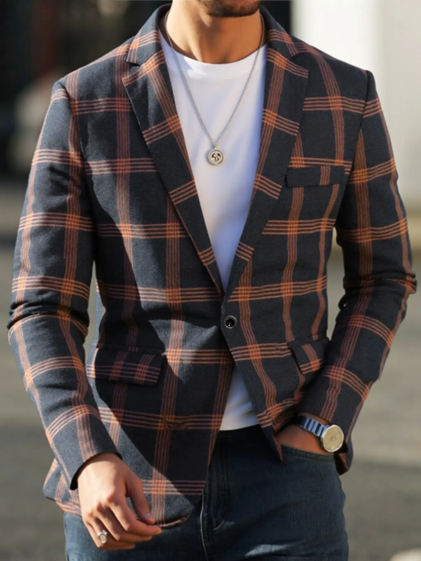 Men's Plaid Suit Jacket, Casual Fitted Blazer, Lightweight Sports Outerwear, One Button Design, Daily Wear, Fall & Winter Fashion