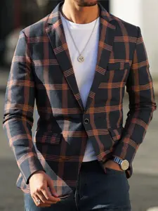 Men's Plaid Suit Jacket, Casual Fitted Blazer, Lightweight Sports Outerwear, One Button Design, Daily Wear, Fall & Winter Fashion