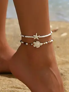 2pcs Summer Fashion Beach Anklets Set, Simple Turtle Starfish Pearl Elastic Anklets, Perfect for Summer Beach Vacation Wear