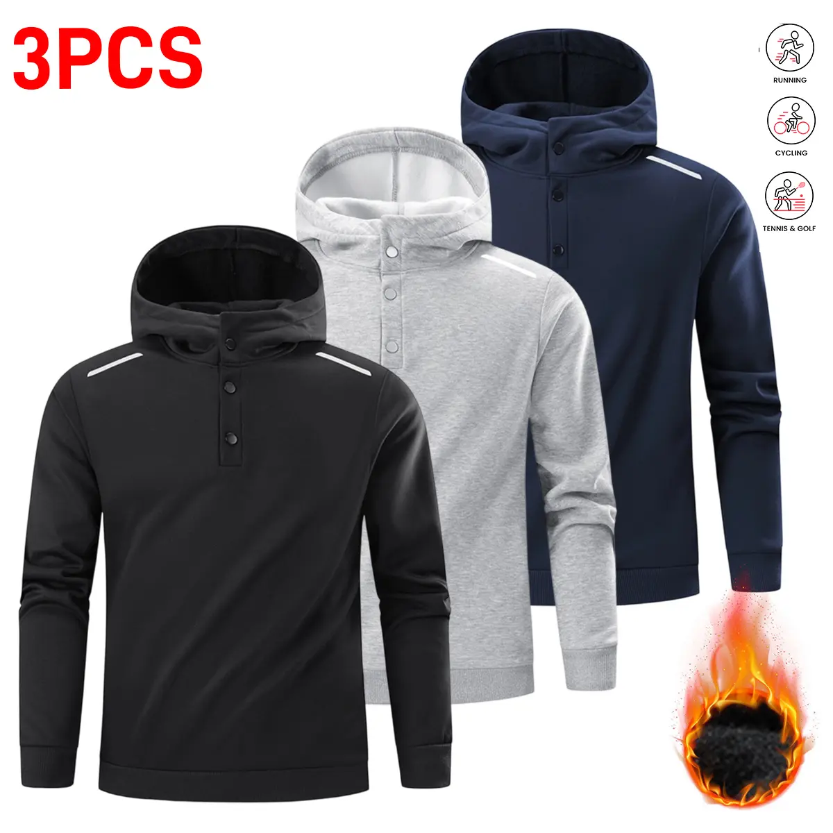 Male Athletic Hoodie - Solid Color Polyester Fleece Pullover with Half Button, Reflective Strips for Outdoor Sports, Hiking/Light Outdoor Casual Wear, Sporty Chic, Sweatshirt Fabric Men's Hoodies