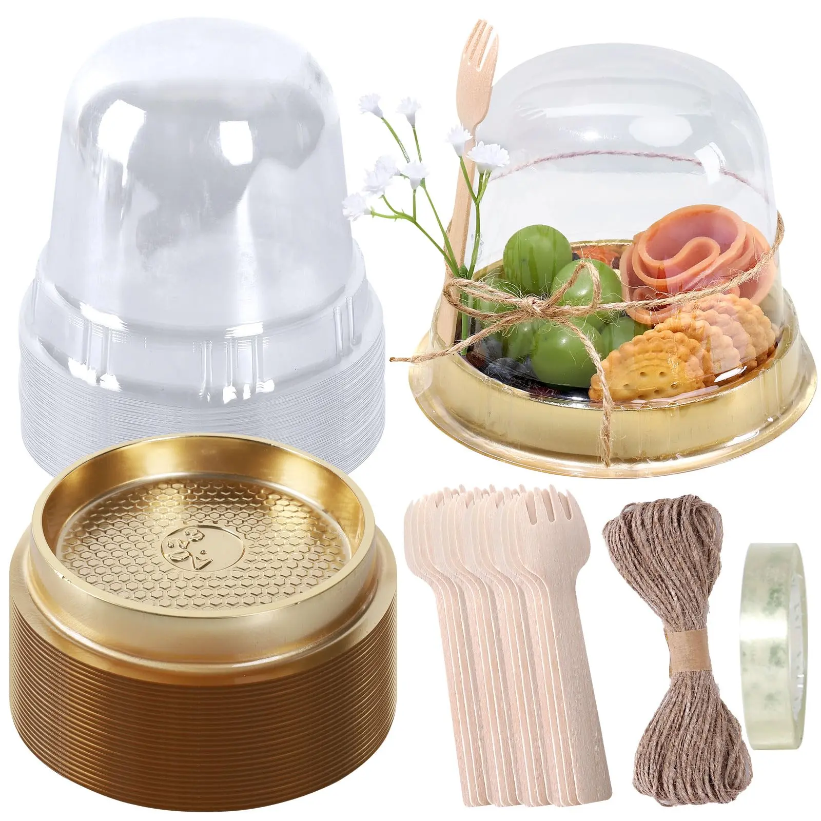 50 Sets Disposable Individual Charcuterie Cups – Clear Plastic Round Cake Boxes with Dome Lids, Includes Mini Wooden Sporks & Rope – Perfect for Outdoor Snacks, Open Houses, Weddings, Party Events