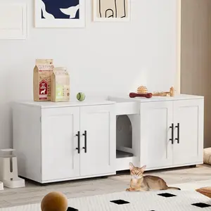 55" Hidden Litter Box Furniture for 2 Cats, Barn Door Double Room Design – 3-in-1 Multi-Functional TV Stand or Side Table, White Bright Finish, Spacious & Private with Smart Storage & Easy Access