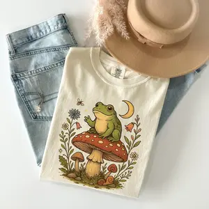 Cottagecore Frog Mushroom Shirt Comfort Colors®, Toadstool Moon Forest Tee, Whimsical Nature Graphic, Vintage Boho Animal T-Shirt