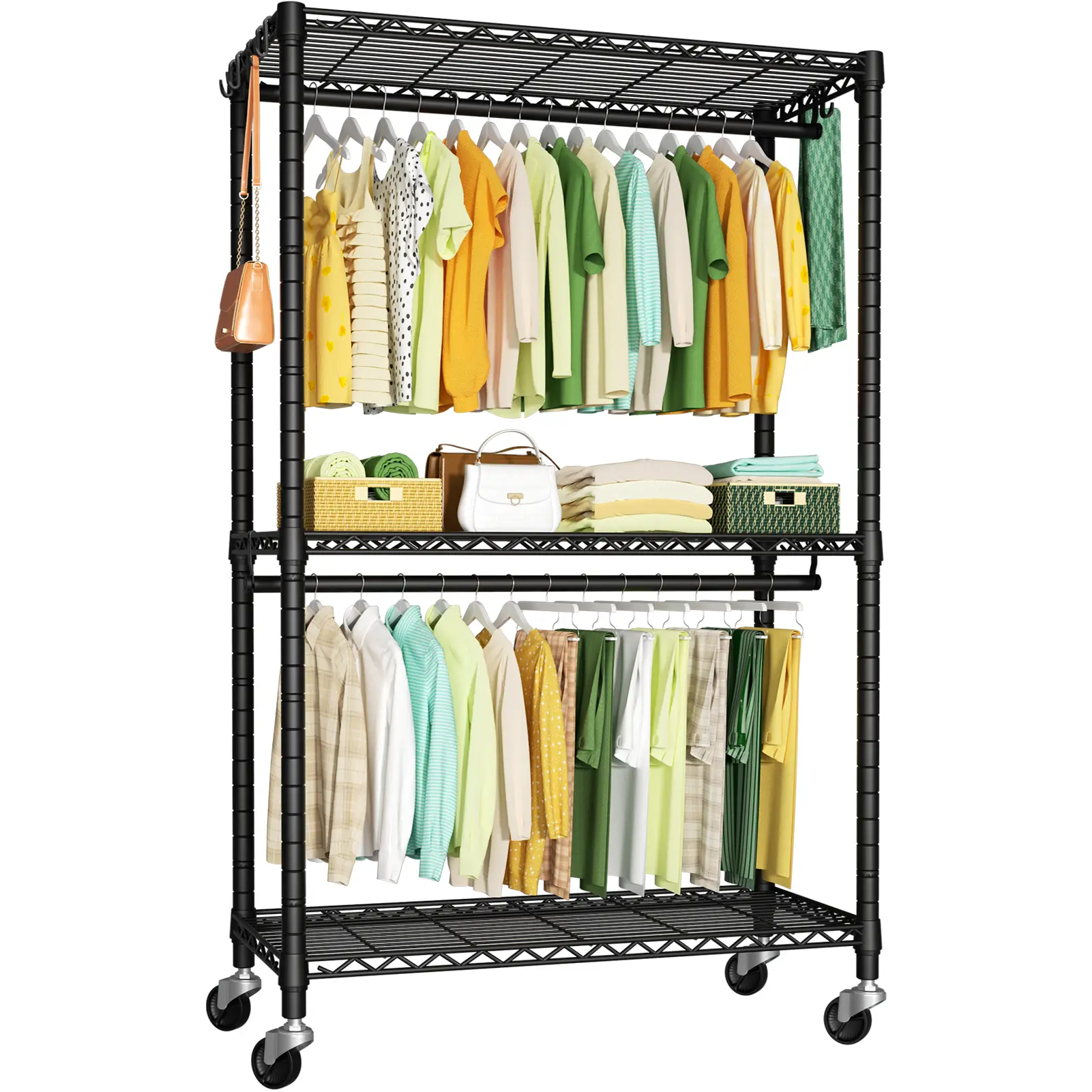 Black Heavy-Duty Metal P3 Rolling Clothes Drying Rack – Freestanding Portable Laundry Drying Stand with Wheels, Home Makeover & Familyfun, 39.4" W x 14" D x 78.5" H, 470 lbs Max Load