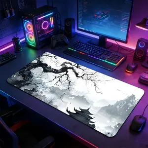 Ink Wash Chinese Pagoda Large Extended Gaming Mouse Pad, Non-Slip Rubber Base Stitched Lock Edge Desk Mat, Marble Crack Artistic Design Desk Pad, Durable Computer Accessory, Desk Accessories for Home Office & Gaming Setup, Gift for Gamer & Art Lovers