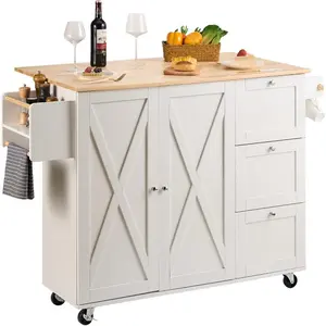 VEVOR Kitchen Island Cart with Solid Wood Top, 35.4 Width Mobile Carts with Storage Cabinet, Rolling Kitchen Table with Spice Rack, Towel Rack, and Drawer, Portable Islands on Wheels, WhiteVEVOR Super Brand Day