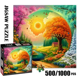 1pc 1000 piece adult puzzle 58x58cm Sunny Scenic Landscape with Trees, Houses, Flowers and Butterflies 500 pieces of paper puzzle, suitable for adults and families, large-scale DIY puzzle interacti