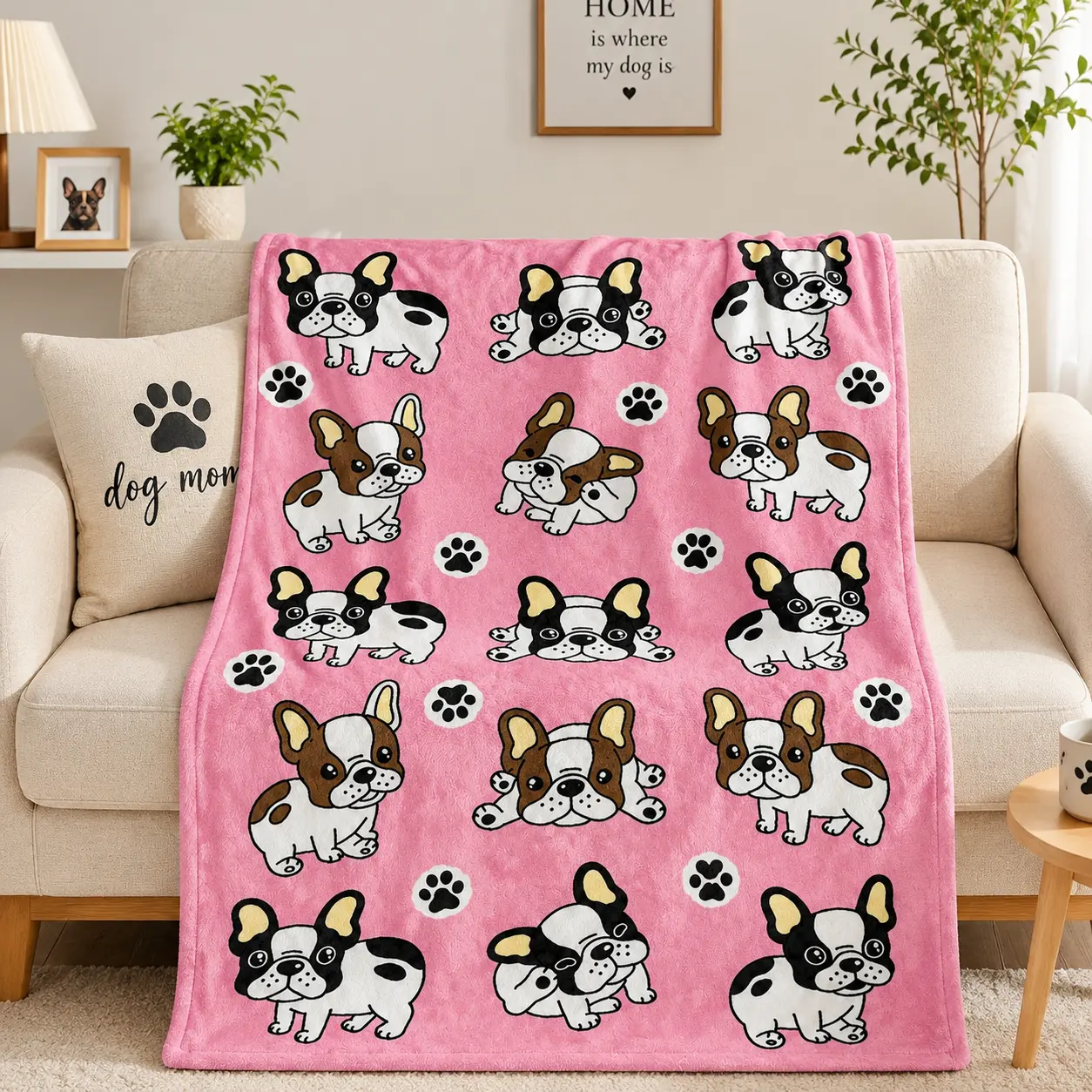 Pink French Bulldog Flannel Blanket, Cute Frenchie Dog Throw Blanket, Soft Cozy Dog Mom Gift for Girls Women, Couch Bed Bedroom Decor