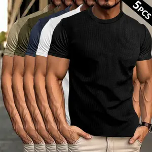 Solid-color basic waffle-knit short-sleeve T-shirt; muscle-fit waffle-texture T-shirt; men’s summer crewneck waffle-knit short-sleeve T-shirt; men’s summer casual business-style short-sleeve T-shirt; essential white-collar business-style short-sleeve T-sh