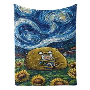 Adventure Time Van Gogh Starry Night Flannel Blanket Whimsical Art Collage Throw with Finn & Jake, Ultra-Soft Cozy Blanket for Bedroom Decor, Anime Fans, and Art Lovers – Ideal for Gifting and Year-Round Snuggling.
