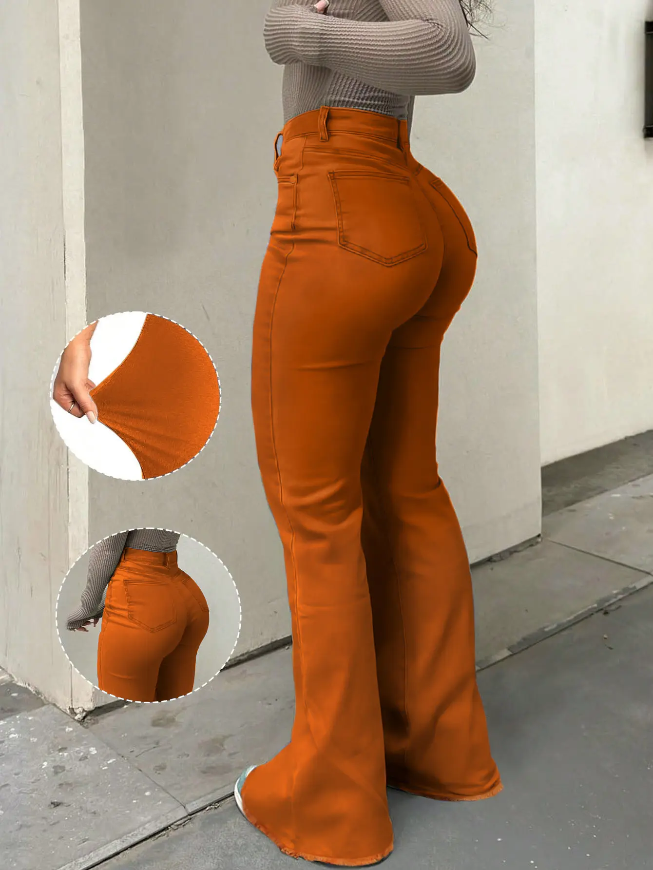 Lady's Chic Elegant Mid-Waist Trumpet Jeans - Plain Medium Wash, Perforated Detail, Stretch Cotton-Blend Denim, Elastane-Infused, Unlined, Machine Washable All-Season Casual Bottoms