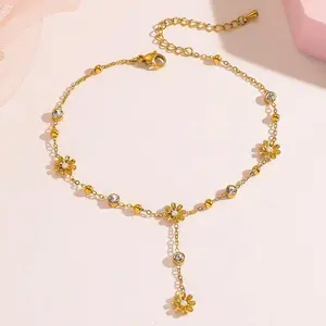 Flower Tassel Anklet, Women's Trendy Style Fashion Flower Tassel New Zircon Anklet Foot Accessories