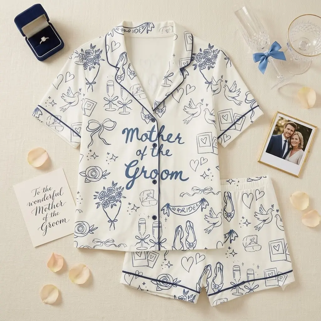 Mother of the Groom Pajama Set White Navy Blue Wedding Doodle Print PJs Short Sleeve Button Down Shirt Shorts Sleepwear Wedding Morning Getting Ready Gift for Mom Groom's Mother Bridal Party Loungewear Soft Cozy Matching Pyjamas