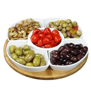 Elama Signature  12.25 in. Lazy Susan Appetizer & Condiment Server Set with 5 Serving Dishes & A Bamboo Lazy Suzan Serving Tray -6 Piece, Plates, Bamboo Tray, Six Pieces