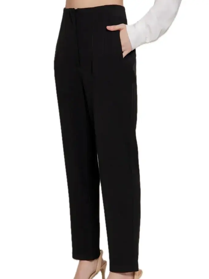 High Waist Pintuck Long Pants - Black Trousers with Pintuck Detailing and Pocket Feature