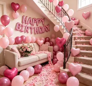 49pcs Birthday Balloon Decoration Set 16" Pink "HAPPY BIRTHDAY" Letter Balloons 18" Heart-Shaped Foil Balloons Pink & Dark Pink Latex for Themed Party Celebrations reusable  balloon  garland