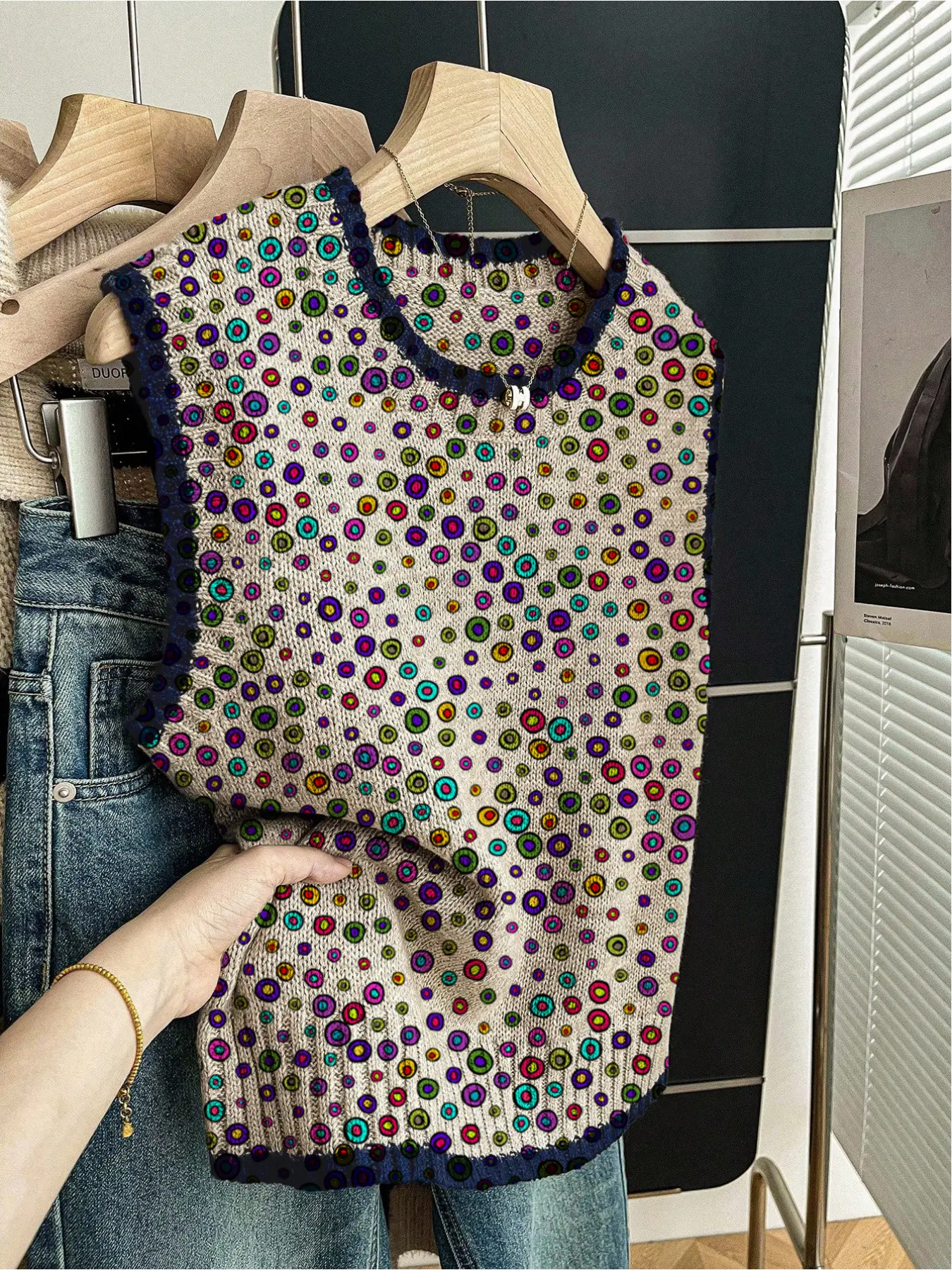 1 piece, Casual Soft Sleeveless, Spring/Summer Casual Style Loose Round-neck Knitted Color-Contrasting Dark Blue Edged Patchwork Plaid Print Women's Knitted Top for Outings