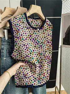 1 piece, Casual Soft Sleeveless, Spring/Summer Casual Style Loose Round-neck Knitted Color-Contrasting Dark Blue Edged Patchwork Plaid Print Women's Knitted Top for Outings