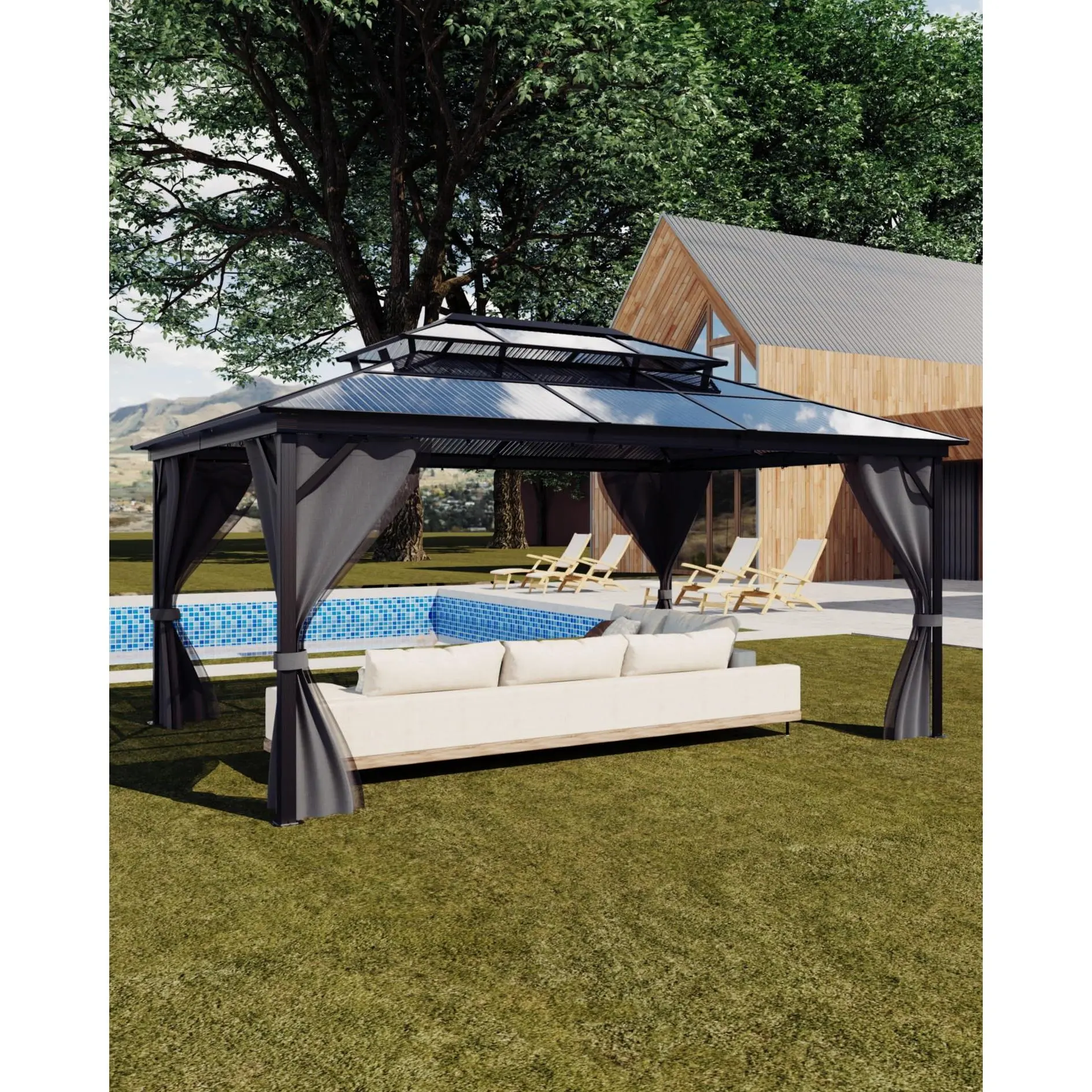 Sturdy Hardtop Gazebo 10x12 ft - Double Polycarbonate Roof, Durable Aluminum Frame, Netting & Curtains - Permanent Outdoor Pavilion for Patio, Deck, Backyard, Lawn, Garden, Gray