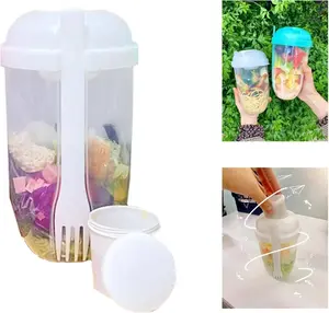 Keep Fit Salad Meal Shaker Cup with Fork & Dressing Holder, Fresh Washing Brush, Health Container, Portable Vegetable Breakfast to Take Away. (White), 7.48x4.33x4.33in