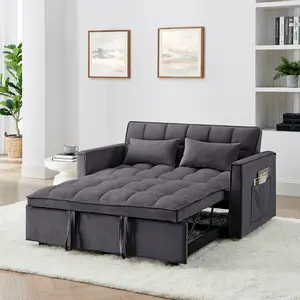 Convertible Sleeper Sofa Bed, Modern Futon Couch Pullout Couches Bed, Small Loveseat with Adjustable Backrest, Storage Pockets and Pillows for Living Room,Velvet  (GRAY)