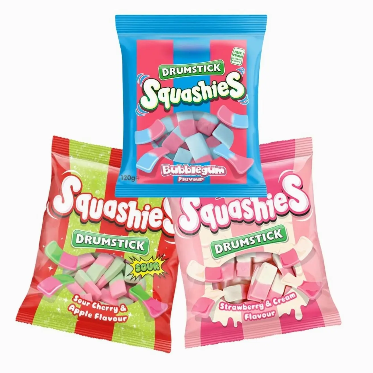 Squashie Drumstick Candy Variety Pack – 3-Pack Deal (120g Each) – Bubblegum, Sour Cherry & Apple, Strawberry & Cream – Imported from the UK