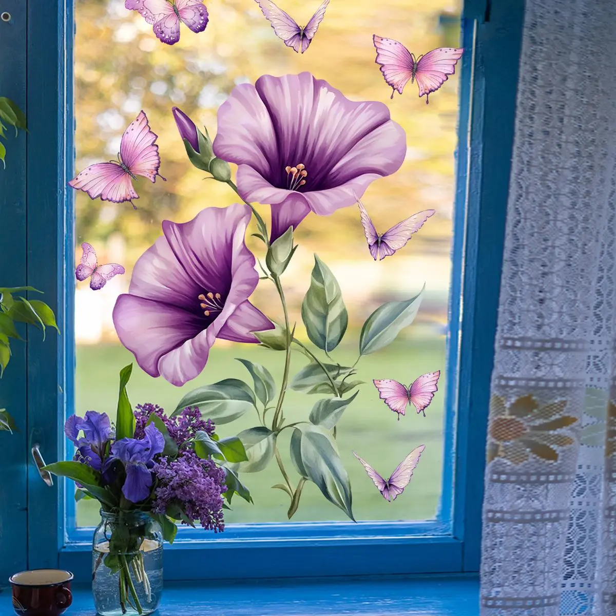 Butterfly & Flower Pattern Window Sticker, 1 Sheet Creative Double Sided Removable Window Decal, Decorative Sticker for Home Living Room Bedroom Decoration