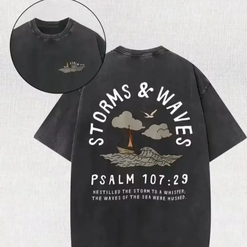 Women's Casual Cotton Short-Sleeve Baggy Unisex Christian Graphic Tee, Psalm 107:29 Bible Verse Storms And Waves Faith Apparel, Vintage Washed Black Comfortable T-Shirt
